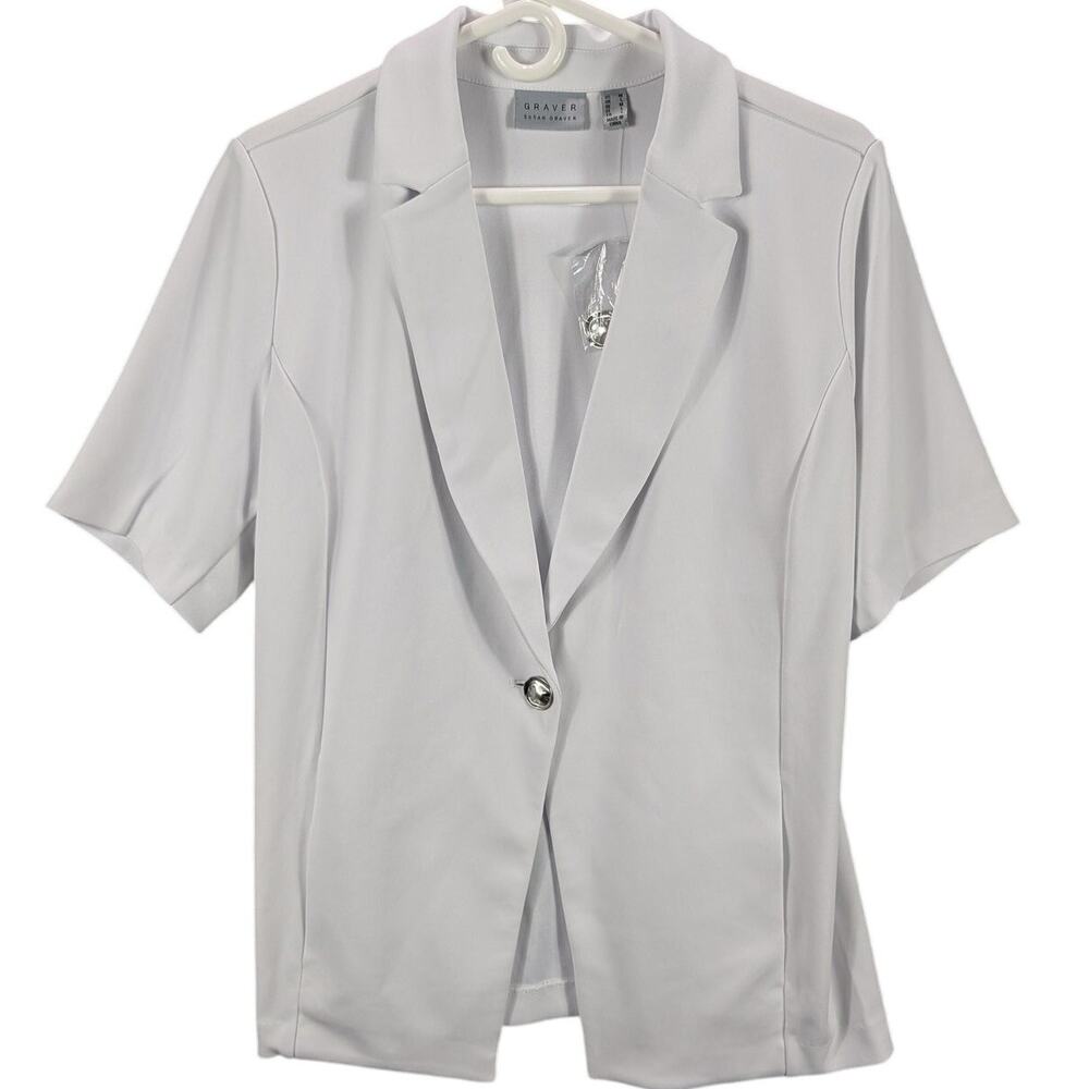 Susan Graver Blazer Womens Large White Short Sleeve 1 Button Stretch Jacket Chic